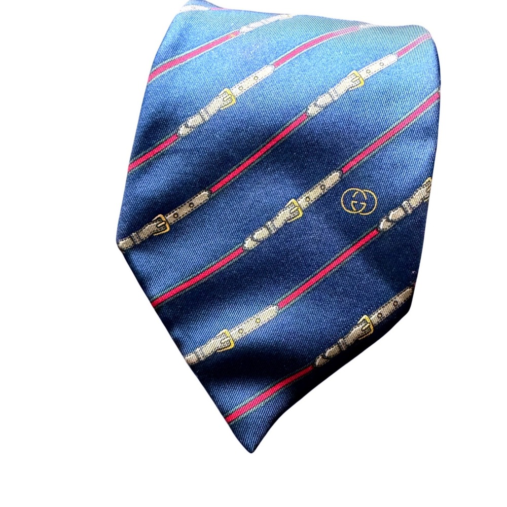 Gucci Silk Tie 3.25" Blue Red Stripe Equestrian Belt Interlocking Made in Italy